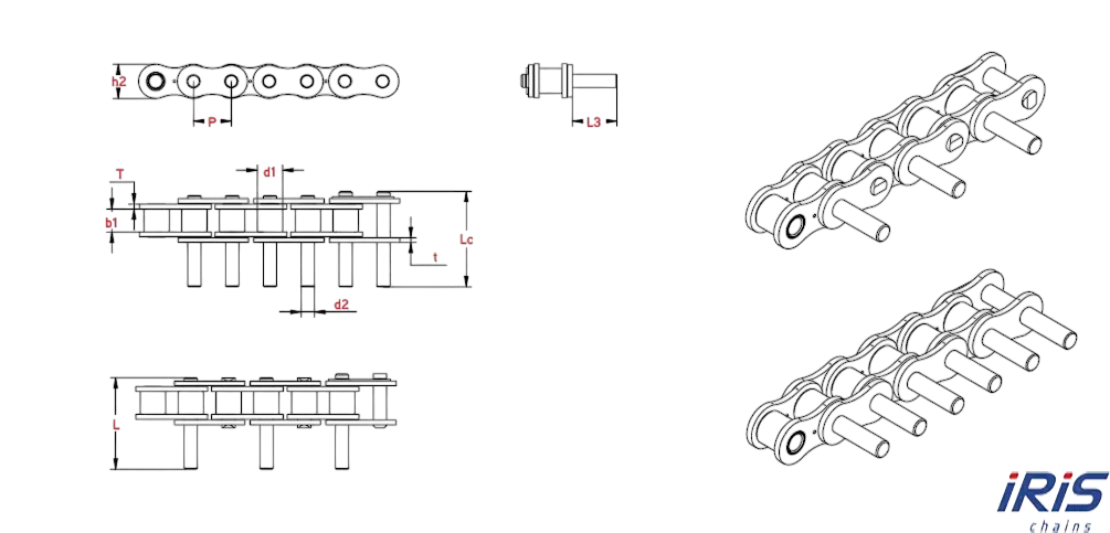 Технический чертеж цепей ISO/ASA с тройными удлиненными штифтами с одной стороны